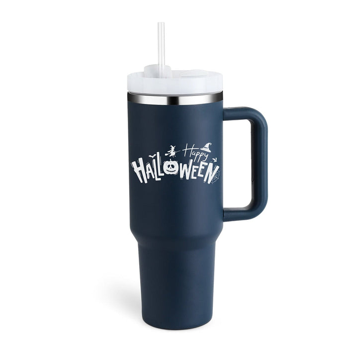 Navy blue tumbler with 'Happy Halloween' text on a white background