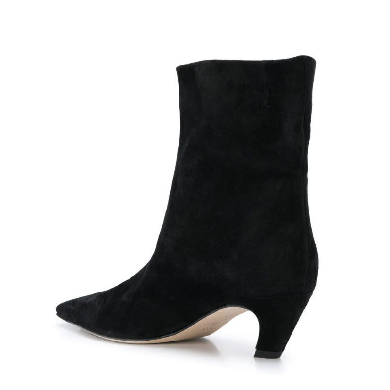 Women's Square Head Chunky Heel Short Boots in Black | Confetti Living