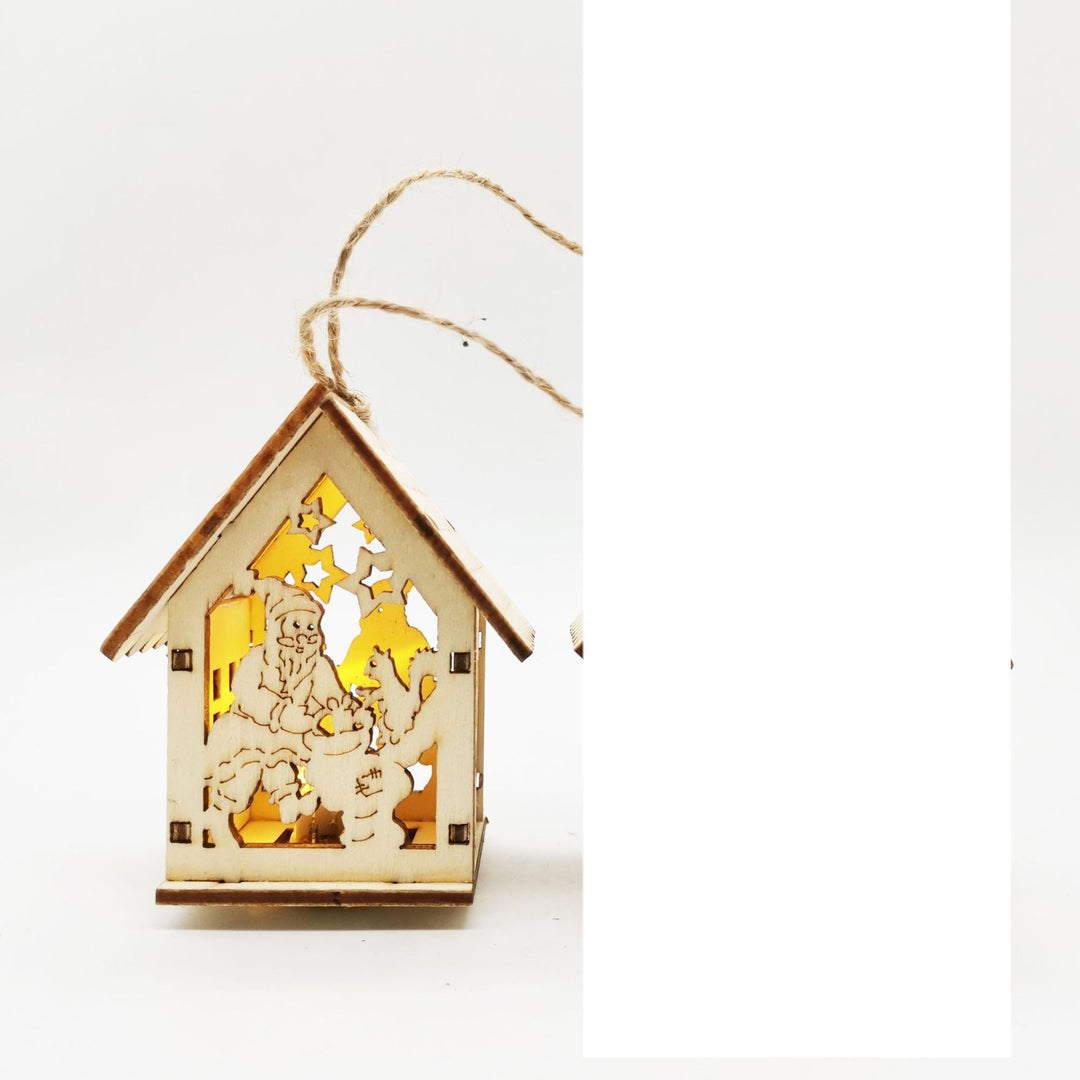 Christmas Decorations Hanging Wooden Small House with Lights showing Santa | Confetti Living