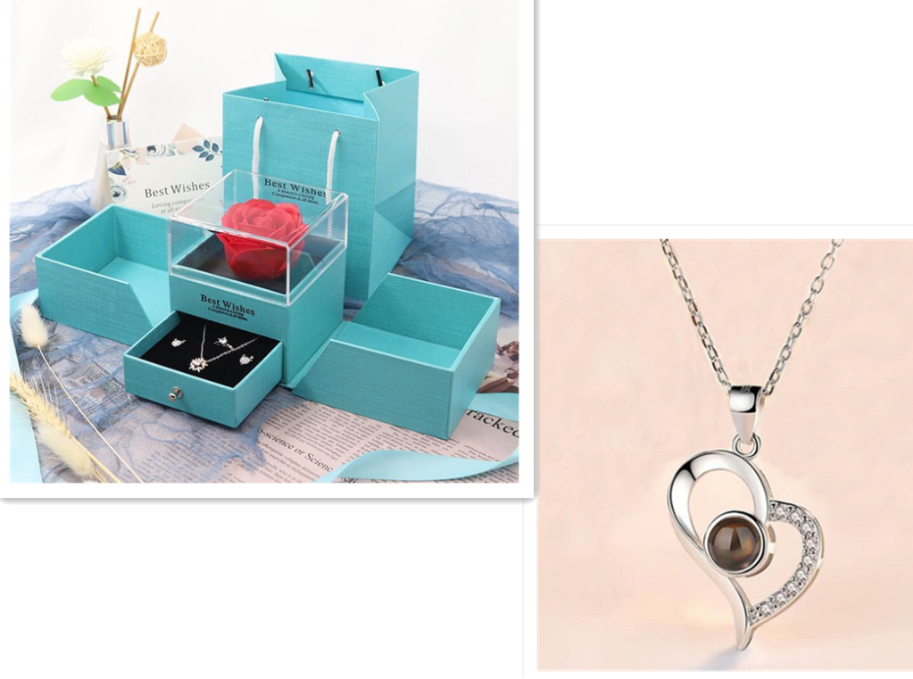 Metal Rose Jewellery Gift Box with Necklace