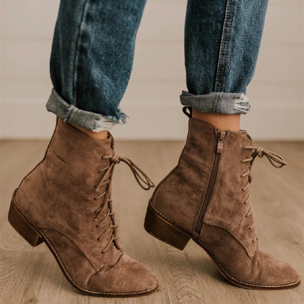 Women's Square Heel Suede Martin Boots in Brown | Confetti Living