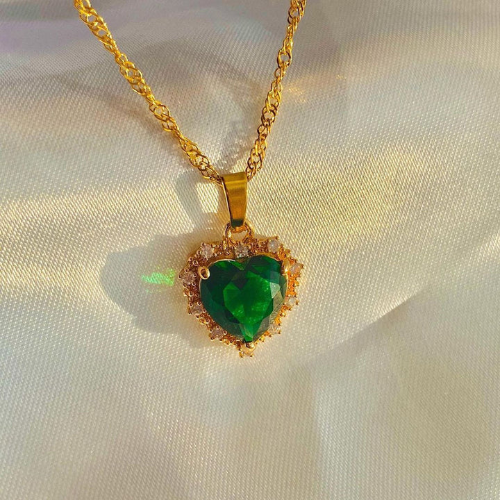 Colourful Rhinestones Heart Necklace With Gold Chain in Green | Confetti Living