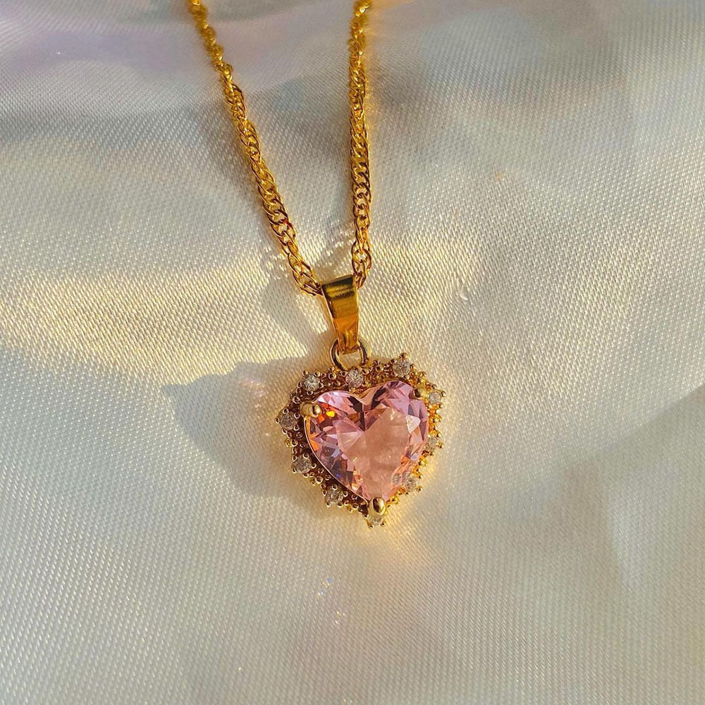 Colourful Rhinestones HeartNecklace With Gold Chain in Pink | Confetti Living