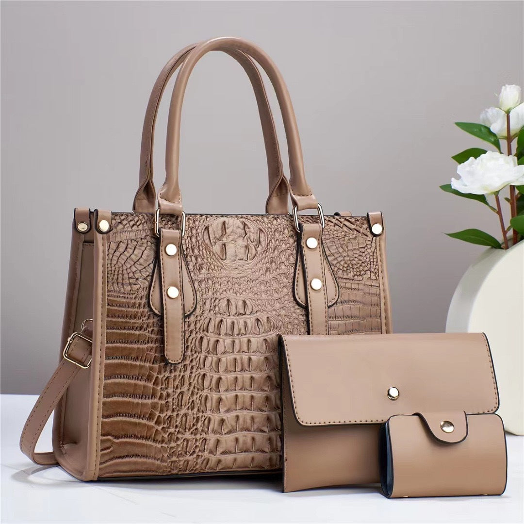 Women's Embossed Three-Piece Handbag Set in Khaki | Confetti Living