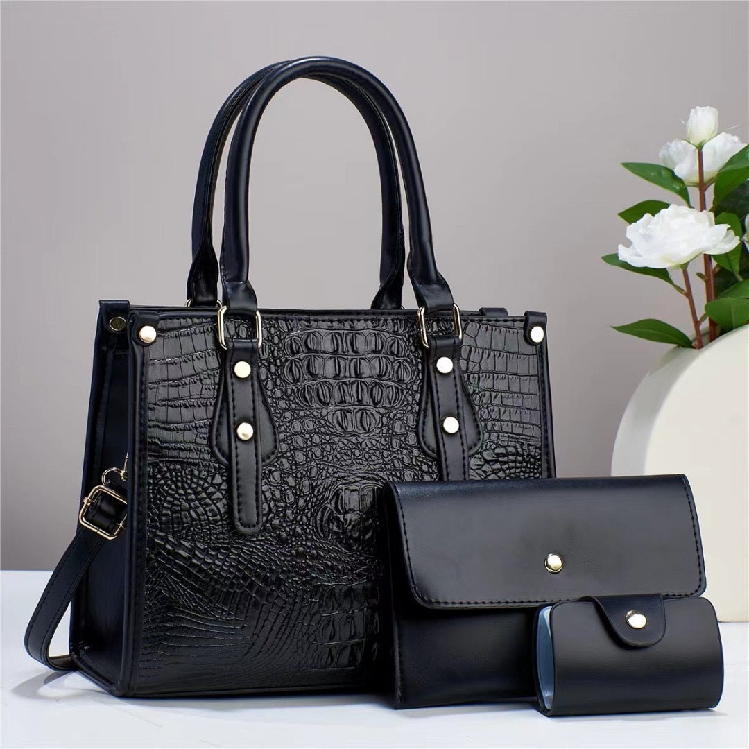 Women's Embossed Three-Piece Handbag Set in Black | Confetti Living