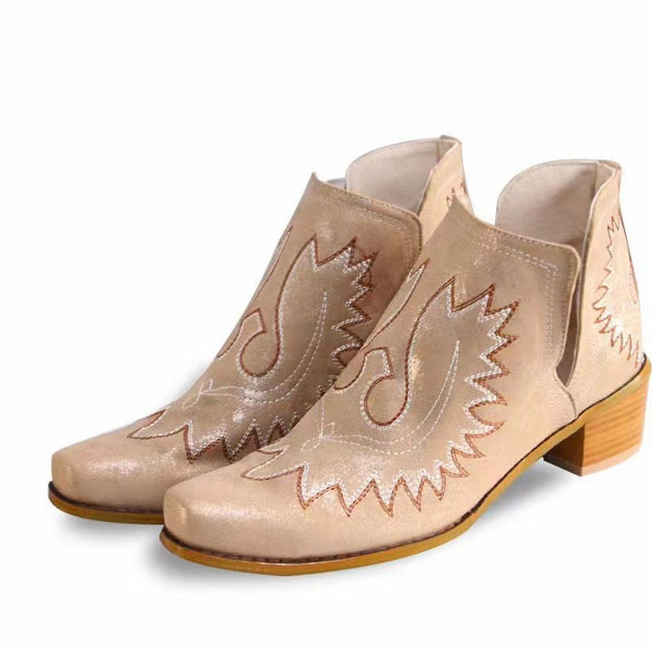 Women's Embroidered Chunky Heel Ankle Boots in Gold | Confetti Living