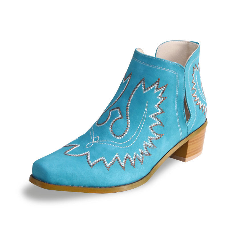 Women's Embroidered Chunky Heel Ankle Boots in Light Blue | Confetti Living