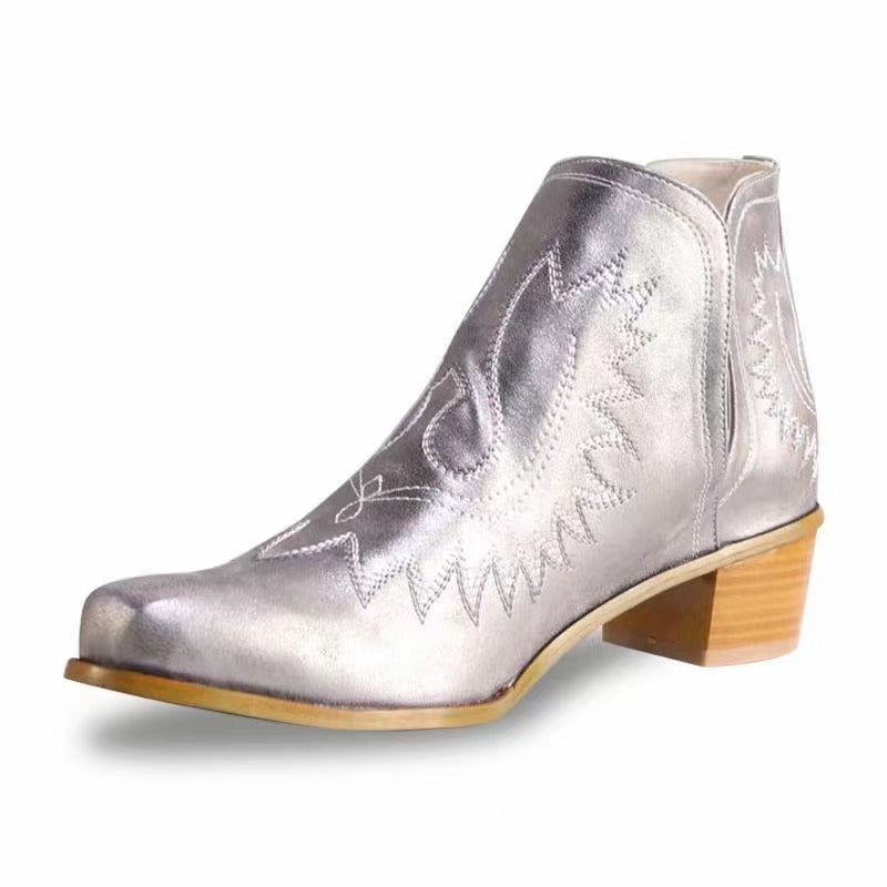 Women's Embroidered Chunky Heel Ankle Boots in Silver White | Confetti Living