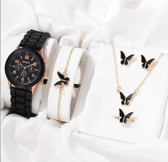 Women's Classic Leather Strap Watch and Jewellery Set