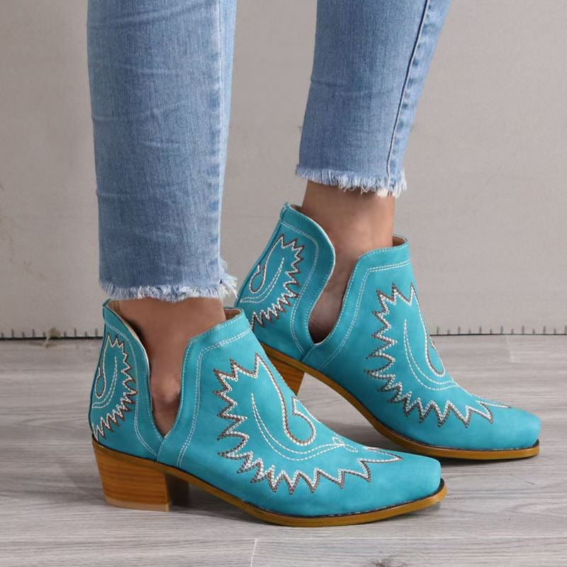 Women's Embroidered Chunky Heel Ankle Boots in Light Blue | Confetti Living