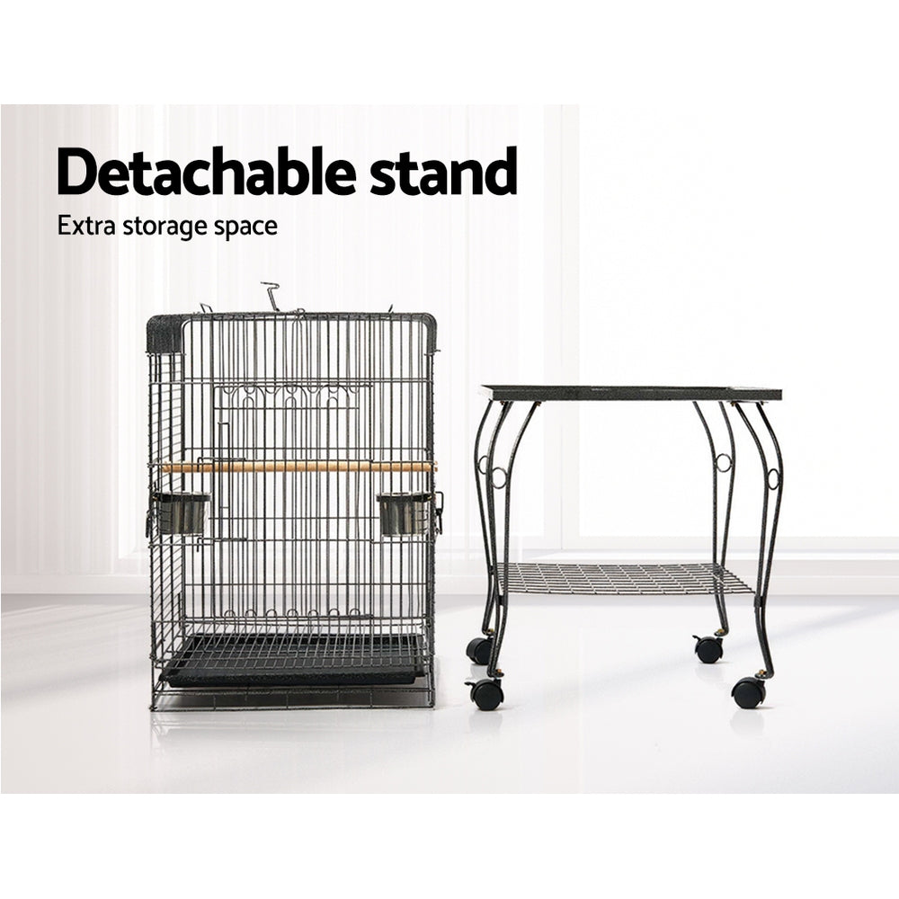 Pet Bird Cage with Stainless Steel Feeders showing stand details | Confetti Living