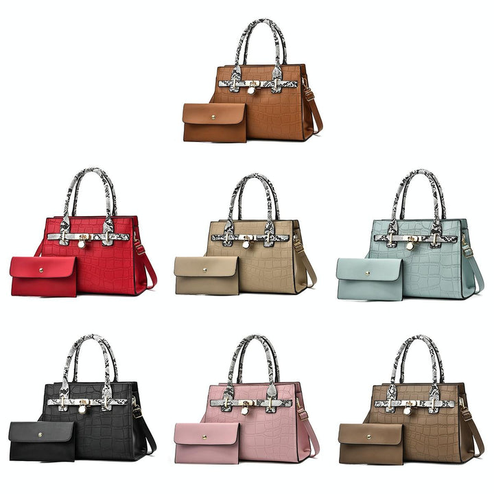Women's Large Capacity Stone Pattern Handag with Purse - Red