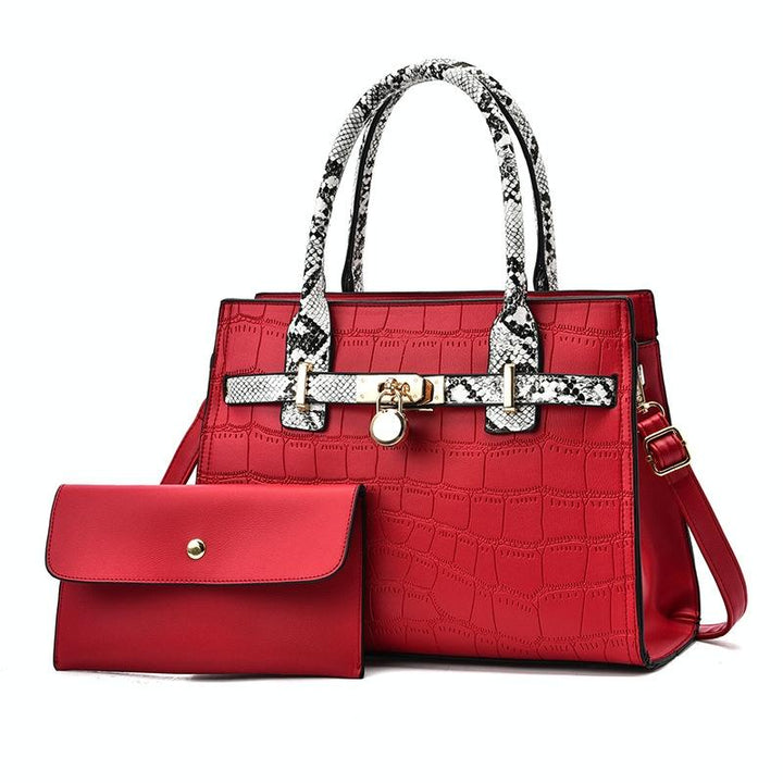 Women's Large Capacity Stone Pattern Handag with Purse - Red