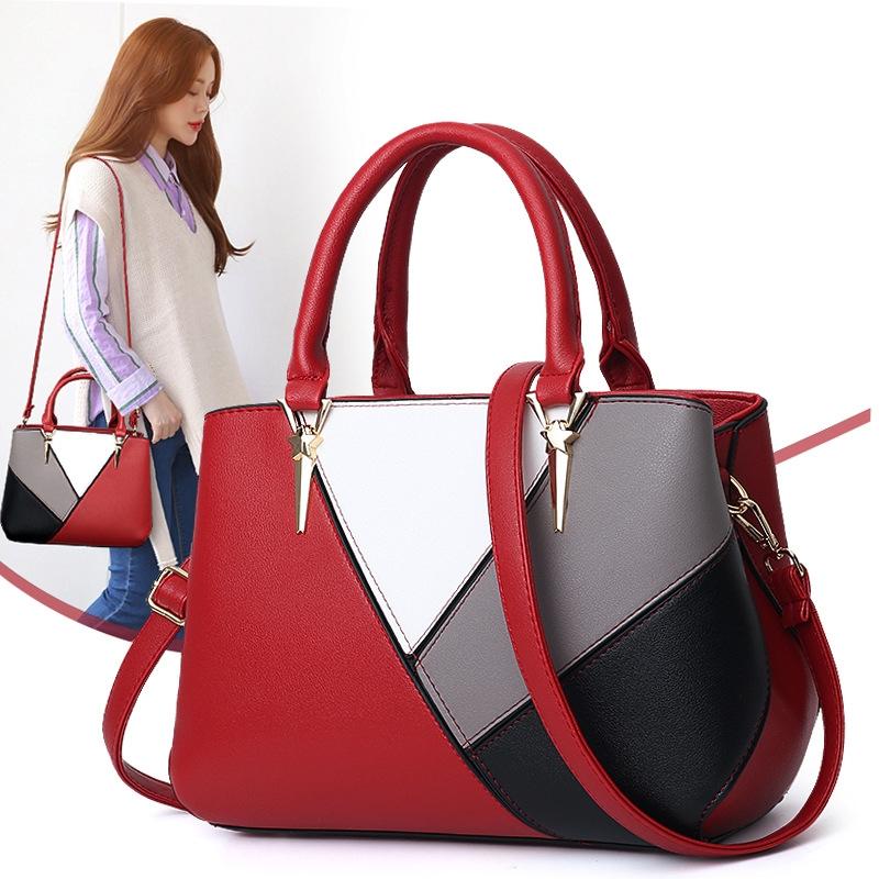 Colourblock Ladies Handbag - Pu Material - Red Wine