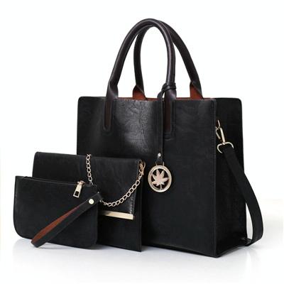 Women's Versatile Black Leather Tote Bag - 3 piece set