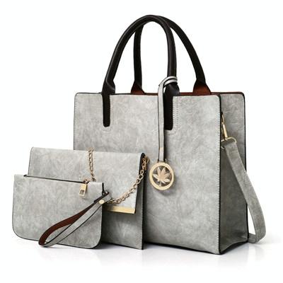 Women's Versatile Brown Leather Tote Bag - 3 piece set