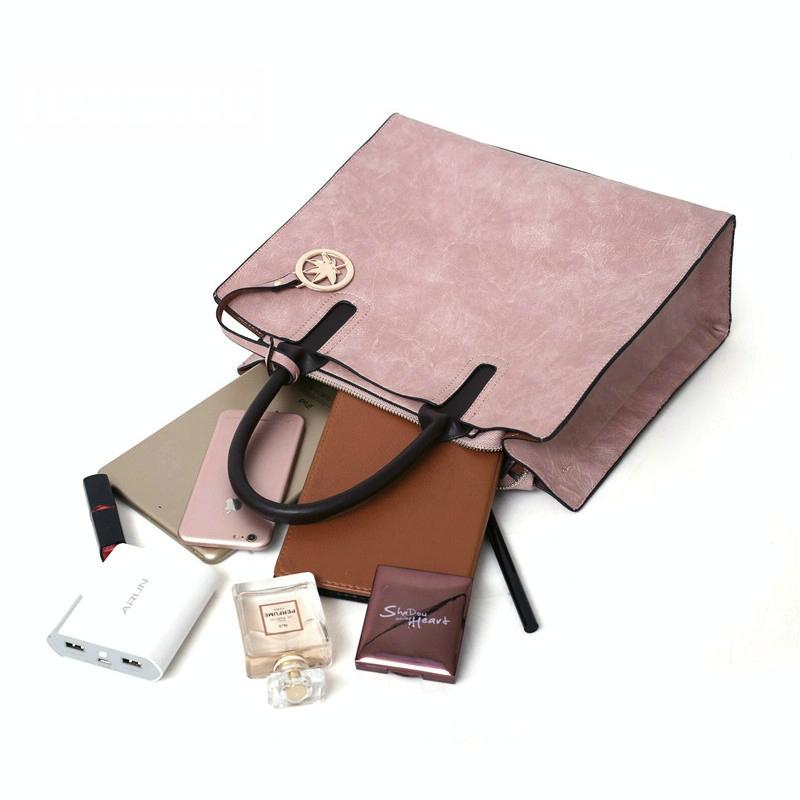 Women's Versatile Brown Leather Tote Bag - 3 piece set