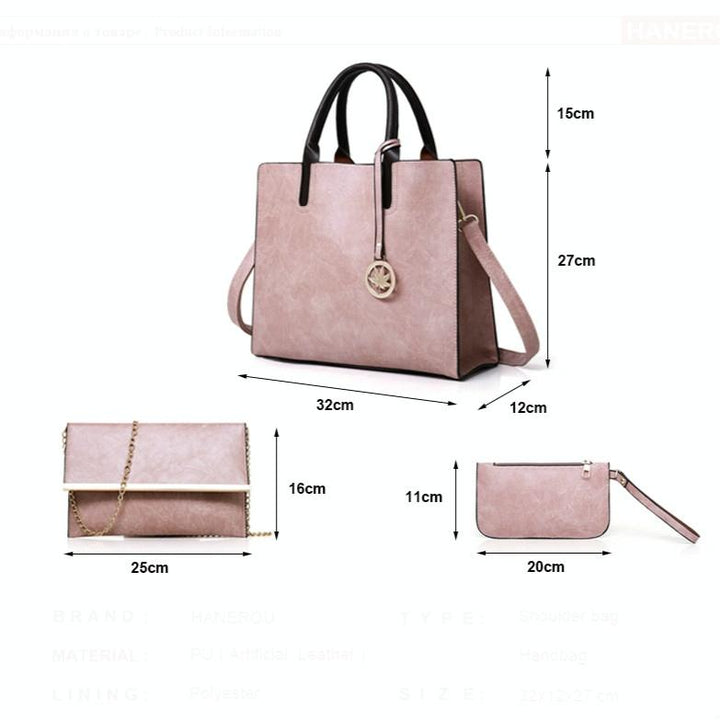 Women's Versatile Brown Leather Tote Bag - 3 piece set