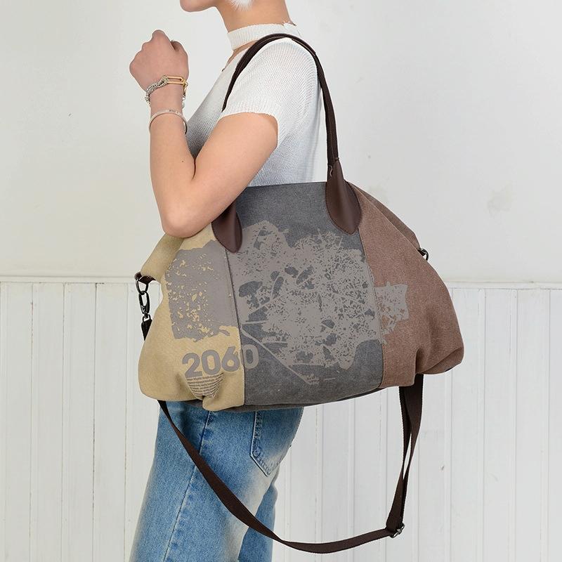 Women's Blue Graffiti Canvas Shoulder Bag - Large Capacity