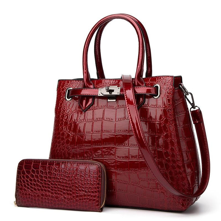 Large Capacity 2-in-1 Crocodile Patent Leather Shoulder Bag - Brown