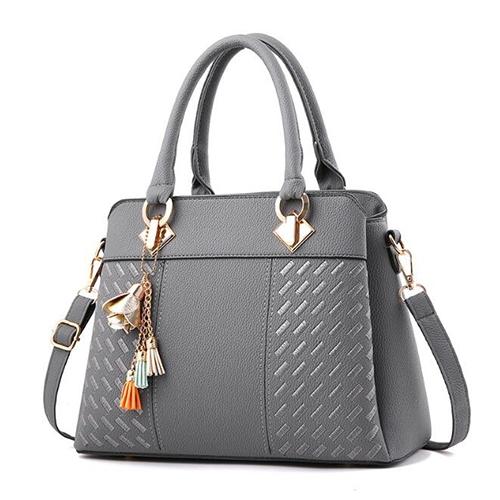 Women"s Stylish Leather Crossbody Bag with Tassel Embroidery - Grey