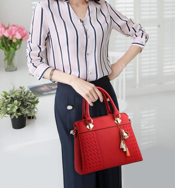Women"s Stylish Leather Crossbody Bag with Tassel Embroidery - Grey