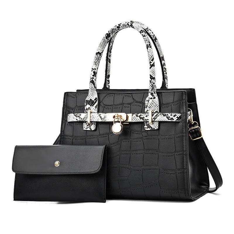 Women's Large Capacity Stone Pattern Handag with Purse - Black