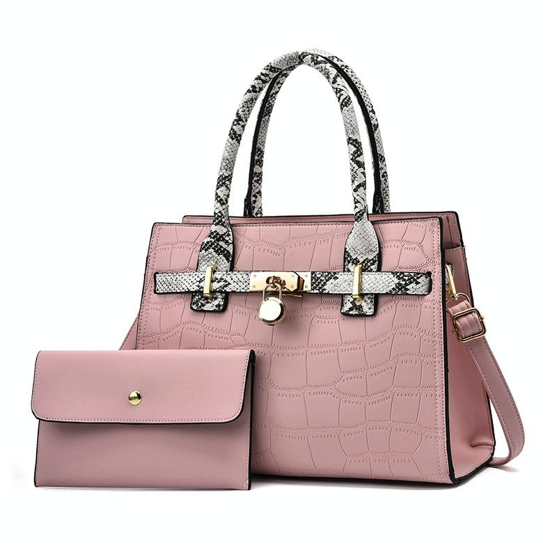 Women's Large Capacity Stone Pattern Handag with Purse - Black