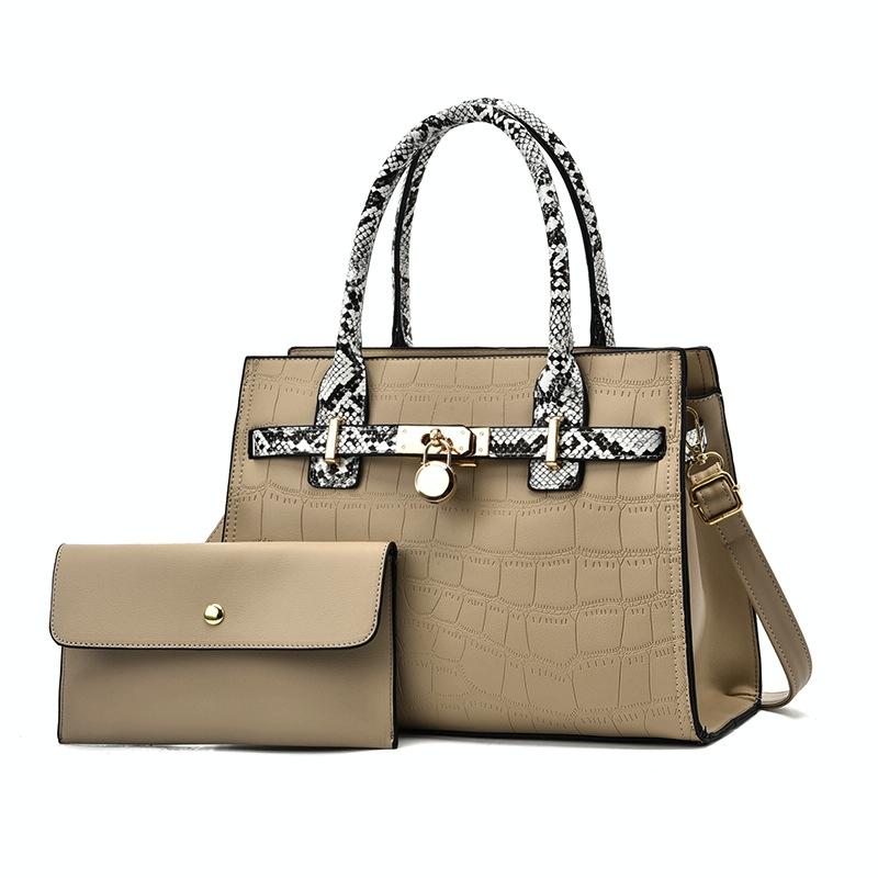 Women's Large Capacity Stone Pattern Handag with Purse - Black