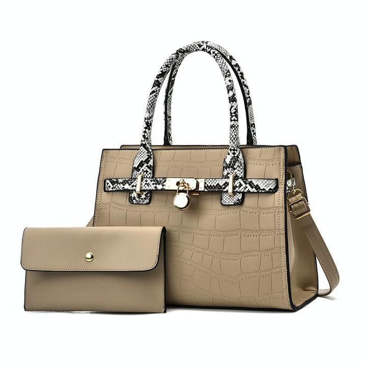 Women's Large Capacity Stone Pattern Handag with Purse - Black