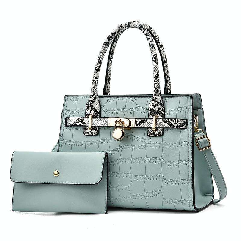 Women's Large Capacity Stone Pattern Handag with Purse - Black