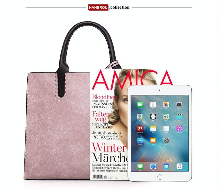 Women's Versatile Pink Leather Tote Bag - 3 piece set