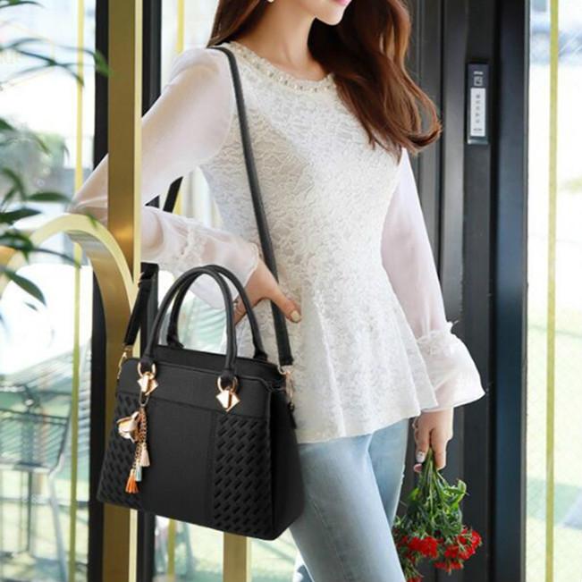Women's Stylish Leather Crossbody Bag with Tassel Embroidery - Green