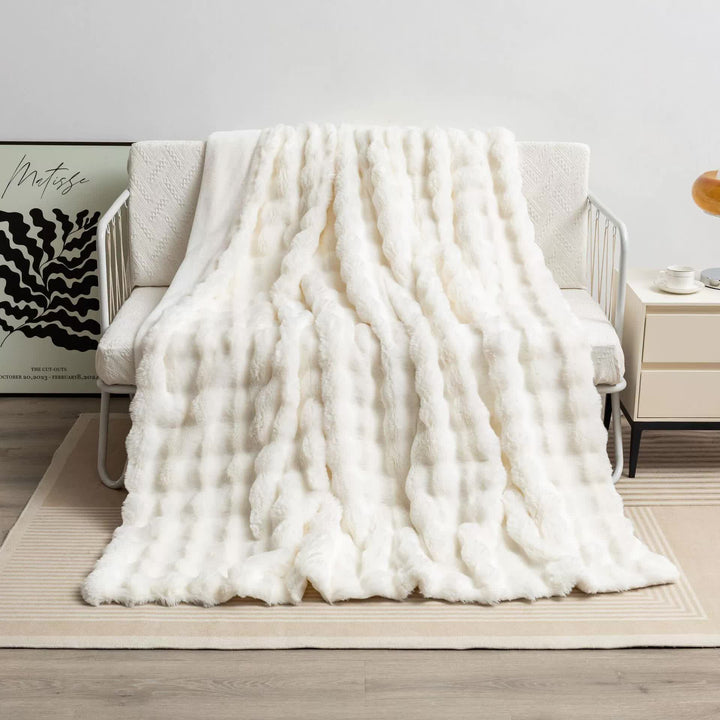 Off White 70*100cm Plush Toscana Rabbit Hair Throw Blanket - Soft Flannel Fleece for All Seasons, Perfect for Couch & Bed