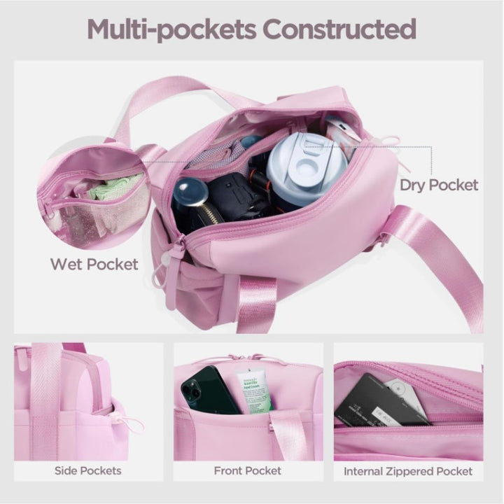 Stylish Pink Mini Gym Bag & Travel Tote - Compact Duffel with Wet Pocket, Luggage Sleeve & Multiple Compartments