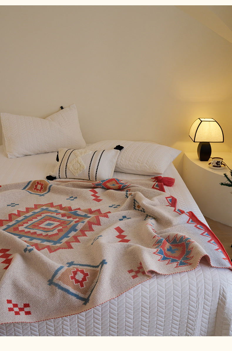 Orange Bohemian Geometric Tassel Throw Blanket – Soft Cotton Blend for Bedroom, Living Room, and Sofa 110x130cm