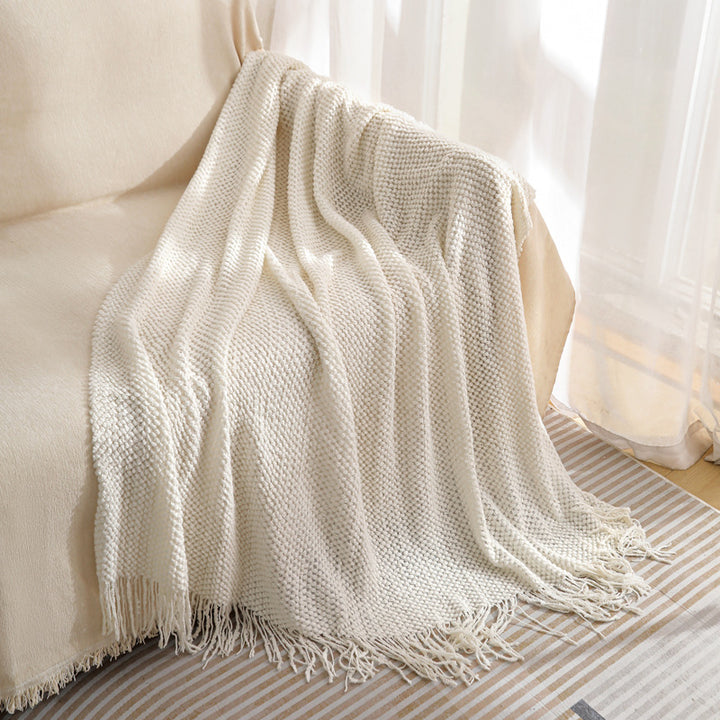 Beige Premium Woven Knitted Throw Blanket with Tassels | Soft, Cozy Sofa & Bed Blanket, Perfect for Office or Afternoon Naps 130x220cm