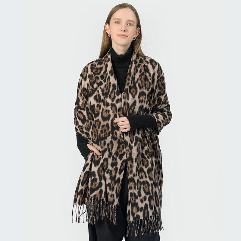 Stylish Animal Print Scarf - Warm Fall/Winter Shawl with Tassels, Imitation Cashmere(Light brown)