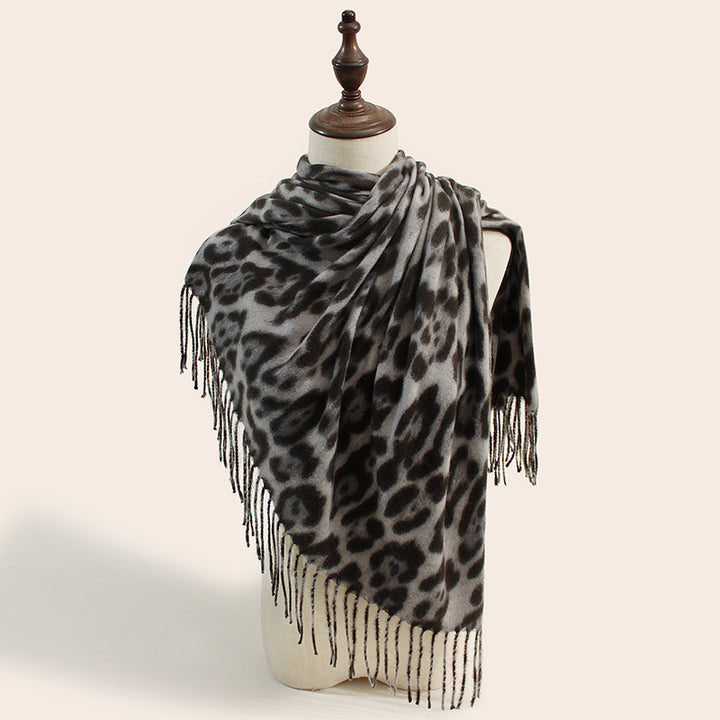 Stylish Animal Print Scarf - Warm Fall/Winter Shawl with Tassels, Imitation Cashmere(Gray)