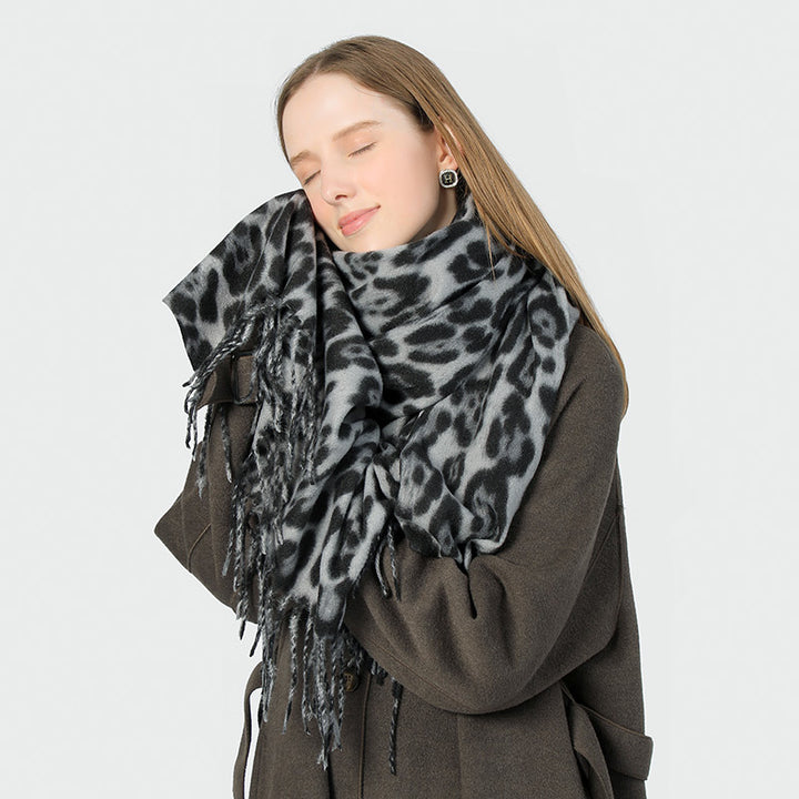 Stylish Animal Print Scarf - Warm Fall/Winter Shawl with Tassels, Imitation Cashmere(Gray)