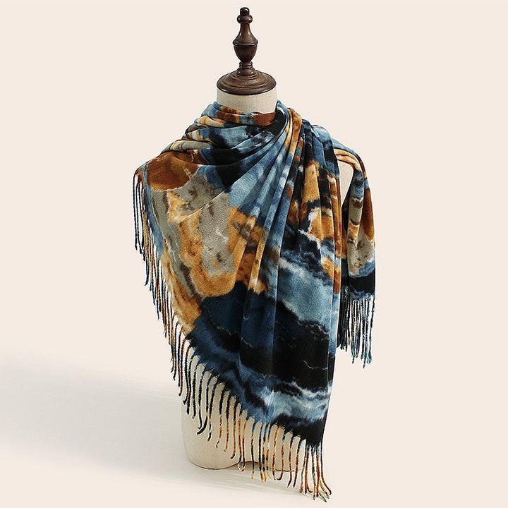 Stylish Animal Print Scarf - Warm Fall/Winter Shawl with Tassels, Imitation Cashmere(Blue-yellow)