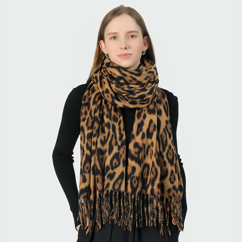 Stylish Animal Print Scarf - Warm Fall/Winter Shawl with Tassels, Imitation Cashmere(Blue-yellow)