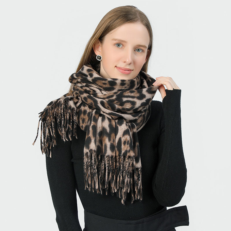 Stylish Animal Print Scarf - Warm Fall/Winter Shawl with Tassels, Imitation Cashmere(Dark green)