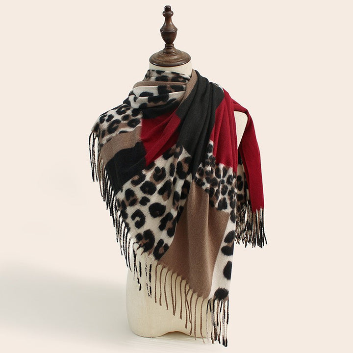 Stylish Animal Print Scarf - Warm Fall/Winter Shawl with Tassels, Imitation Cashmere(Wine red)