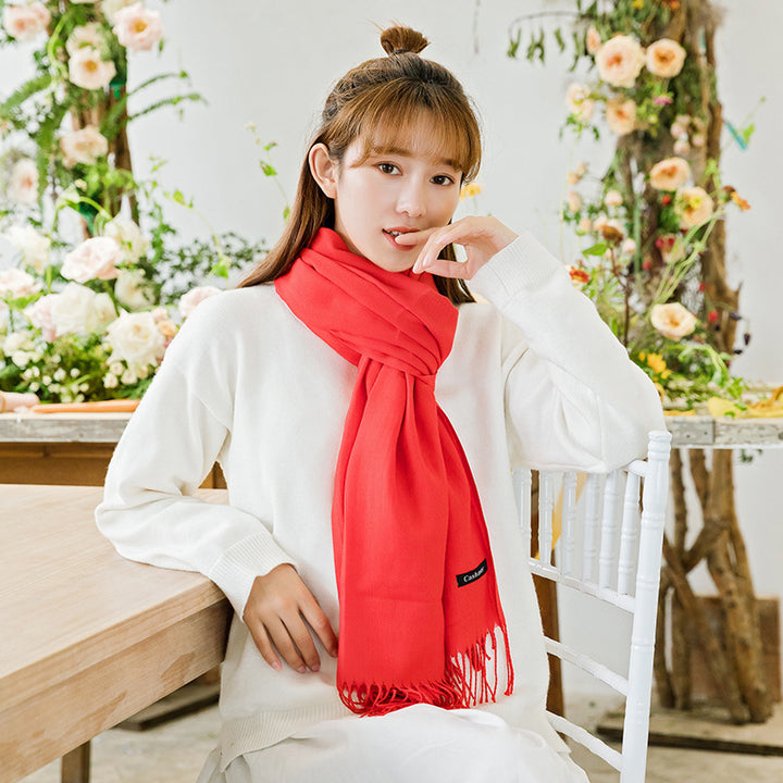 Luxe Soft Imitation Cashmere Scarf - Warm Solid Tone Shawl with Elegant Fringe(Red Bean Paste Powder)