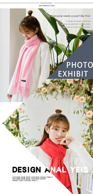 Luxe Soft Imitation Cashmere Scarf - Warm Solid Tone Shawl with Elegant Fringe(Red Bean Paste Powder)