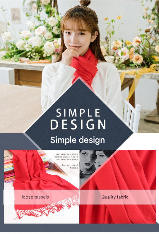 Luxe Soft Imitation Cashmere Scarf - Warm Solid Tone Shawl with Elegant Fringe(Red Bean Paste Powder)