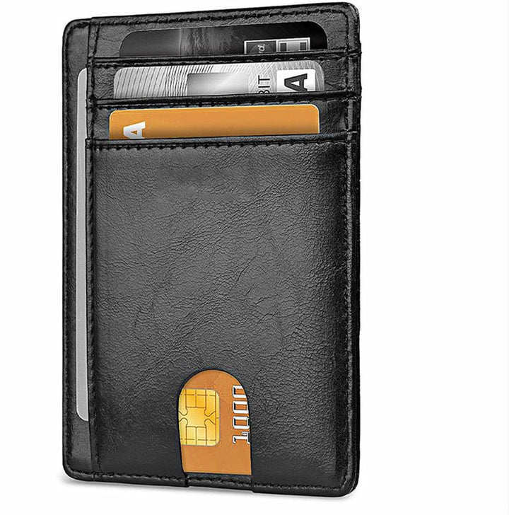 Slim Minimalist Leather Wallet with ID Window & RFID Blocking - Holds 12 Cards & Cash(Black)