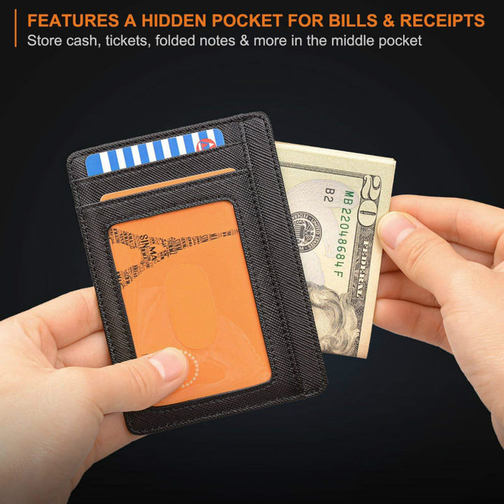 Slim Minimalist Leather Wallet with ID Window & RFID Blocking - Holds 12 Cards & Cash(Navy blue)