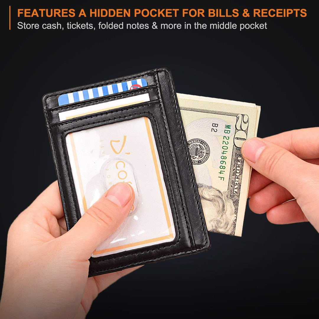Slim Minimalist Leather Wallet with ID Window & RFID Blocking - Holds 12 Cards & Cash(Navy blue)